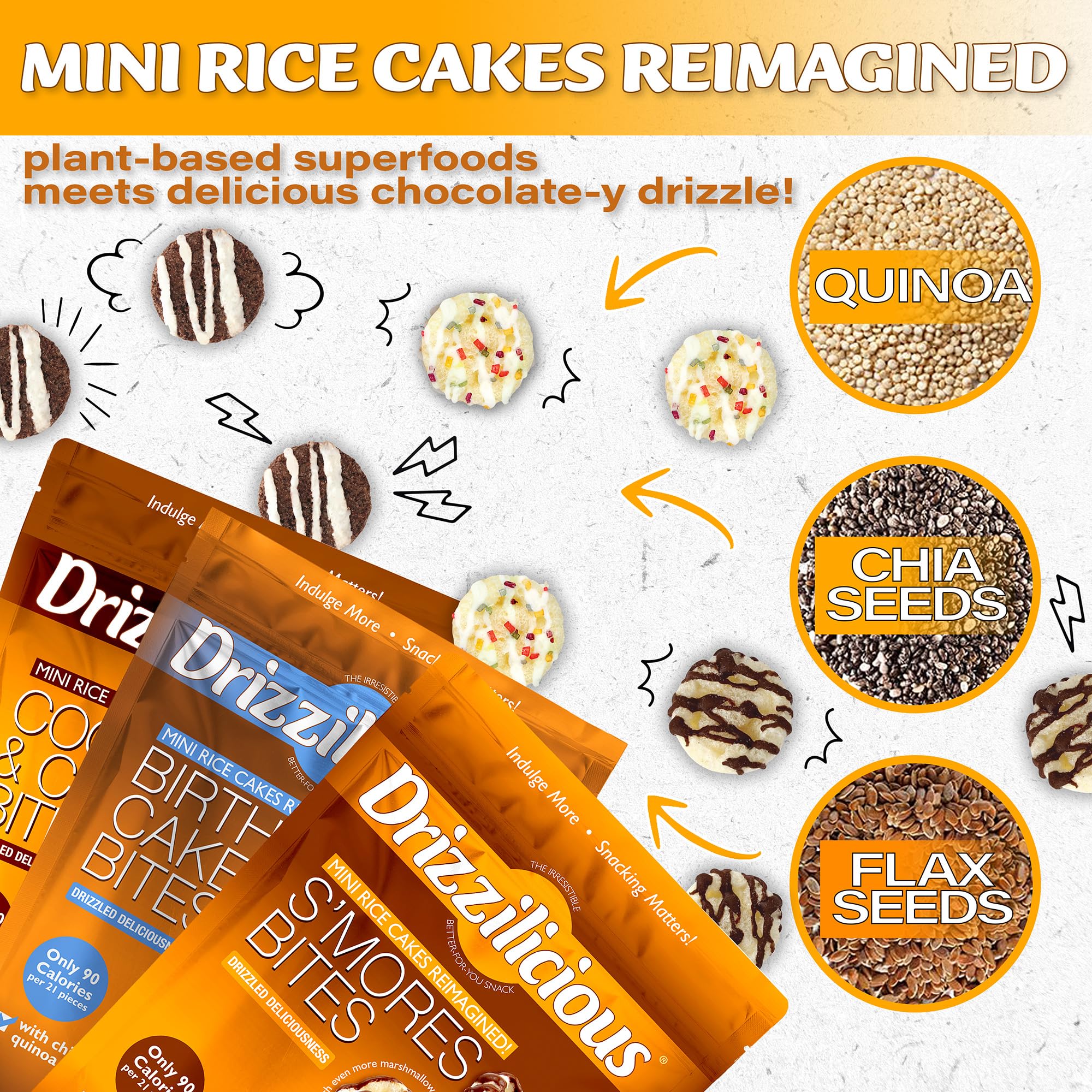 Drizzilicious Mini Rice Cakes Variety Pack - 12 Pack Gluten Free & Vegan Rice Crisps Snacks (0.74oz/Bag) | Low Calorie (90 Cal/Bag), Allergen Free Healthy Snacks for Adults & Kids | Perfect for School Lunches, Office Snacking & On-the-Go Treats