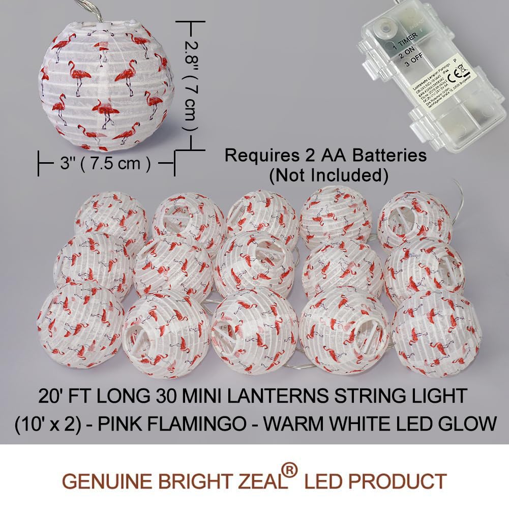 Bright Zeal 20ft Round Outdoor LED Christmas Lantern String Lights - Battery Powered Waterproof Fairy Lights for Garden, Patio, Yard - 2 Pack 10ft Flamingo Decorative Lanterns for Wedding, Party, Bedroom, Porch Decor