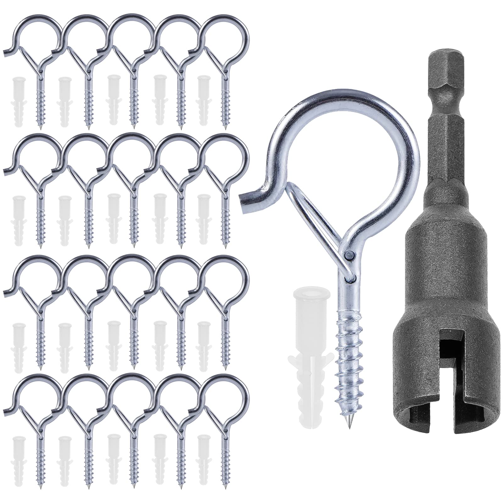 20 Pack Silver Outdoor String Light Hooks - 2.2 Inch Screw-in Q Hanger Hooks for Hanging Decorative Lights, Patio, Garden & Wedding Decor