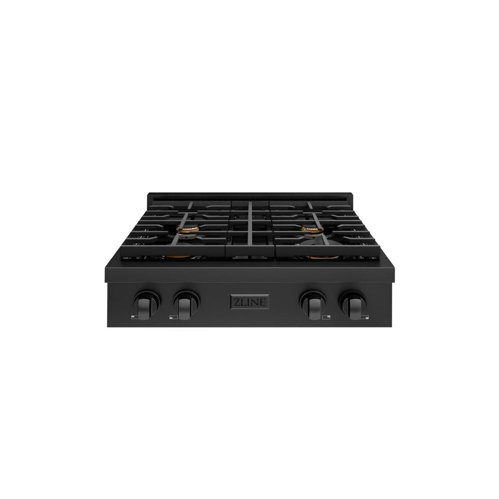 ZLINE 30 Inch Black Stainless Steel Gas Rangetop with 4 Brass Burners & Porcelain Cooktop - Professional SRTB BR 30 Stove for Home Kitchen & Restaurant Cooking