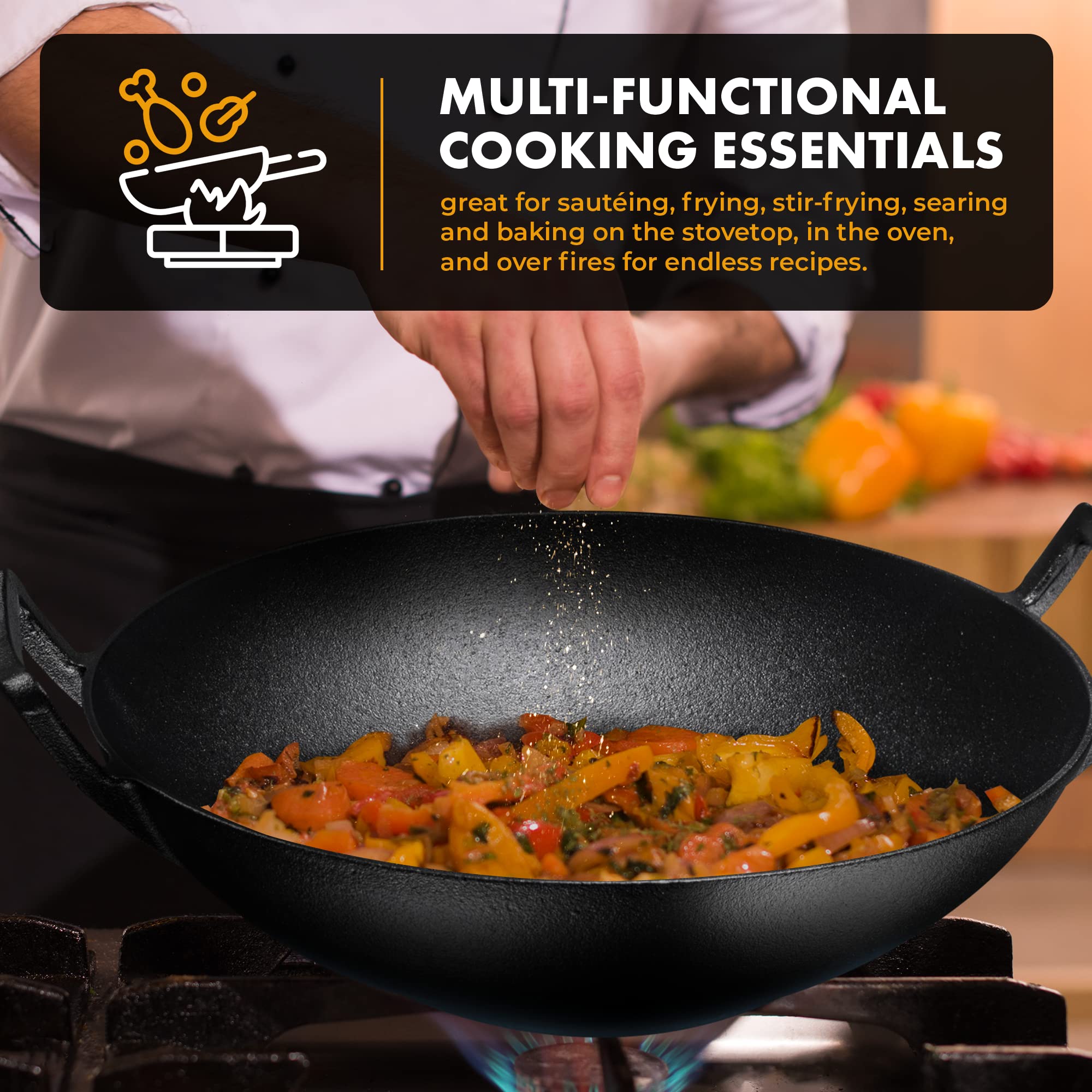 Premium 7-Piece Pre-Seasoned Cast Iron Cookware Set – Double Dutch Oven, Rectangular Grill Pan, Wok, Large Skillet, Square Grill Pan & Chainmail Scrubber – Perfect for Camping, Outdoor Cooking & Home Kitchen Use