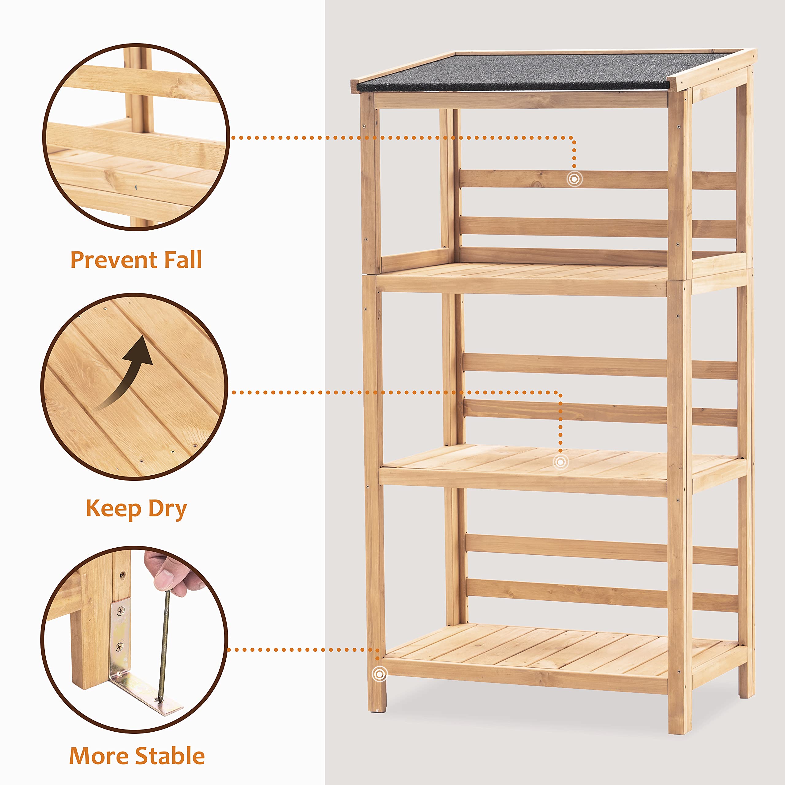 MCombo 3-Tier Large Capacity Outdoor Storage Shelves with Waterproof Roof - Heavy Duty Wooden Plant Stand for Garden, Patio, Balcony & Deck - Perfect for Organizing Tools, Pots & Gardening Supplies (1666)