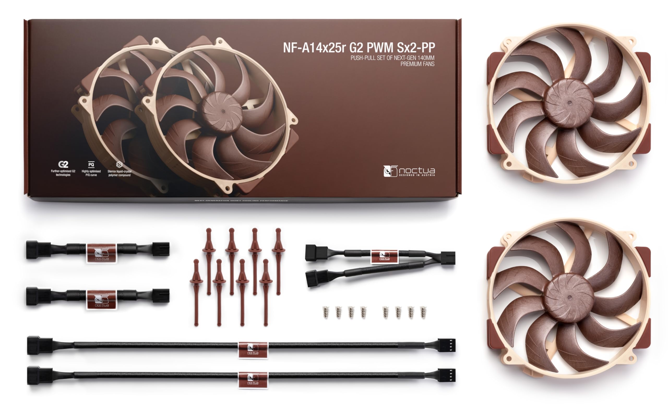 Noctua NF-A14x25r G2 PWM Premium 140mm PC Cooling Fan - Ultra Quiet, Push-Pull Set of 2 (Brown) - Perfect for Gaming PC, Workstation & Server Cooling