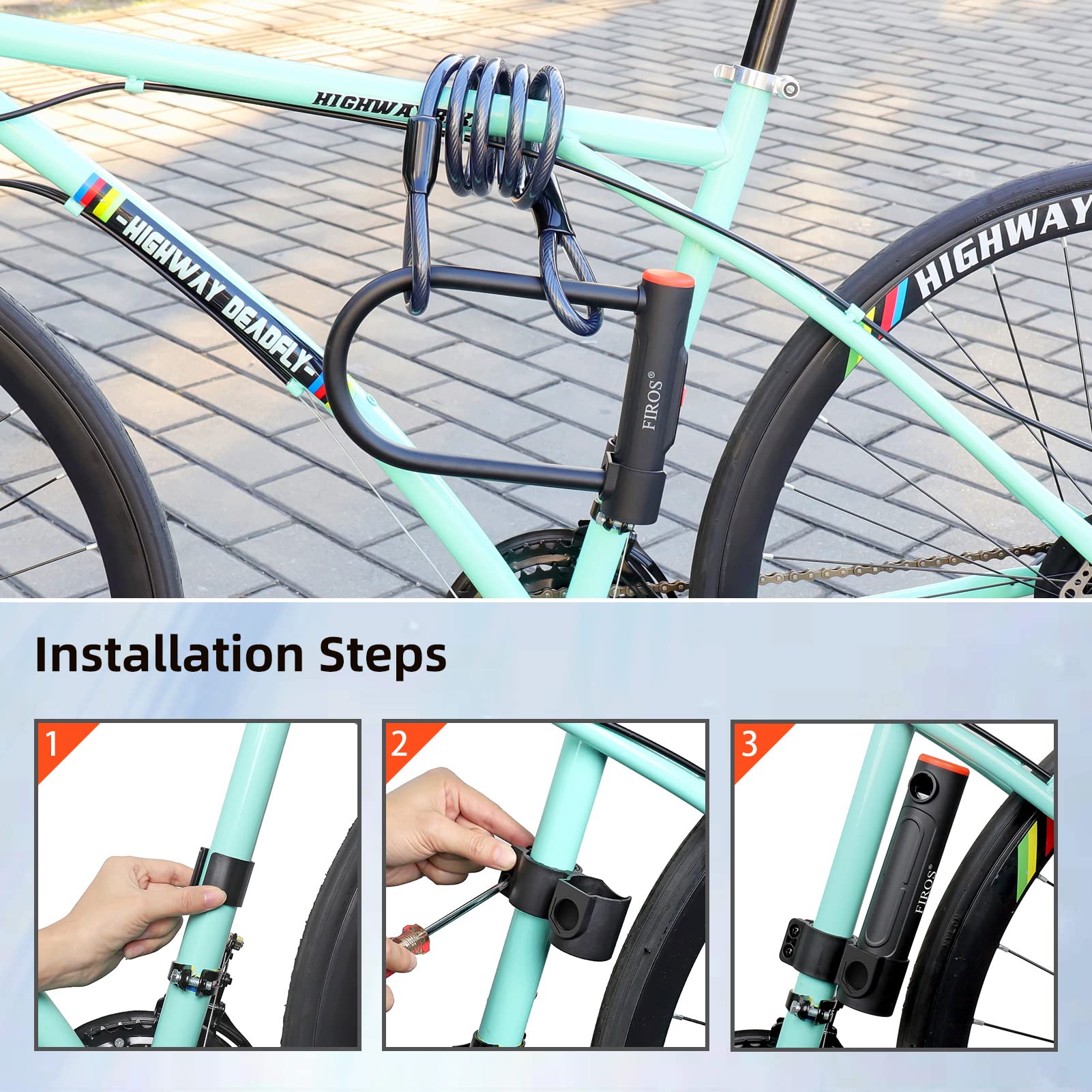 **FIROS Heavy Duty 16mm Bike U Lock - Anti-Theft Bicycle Lock with 5ft Steel Cable & Mounting Bracket - Secure Road Bikes, Mountain Bikes & Commuter Bicycles for Urban & Outdoor Use**