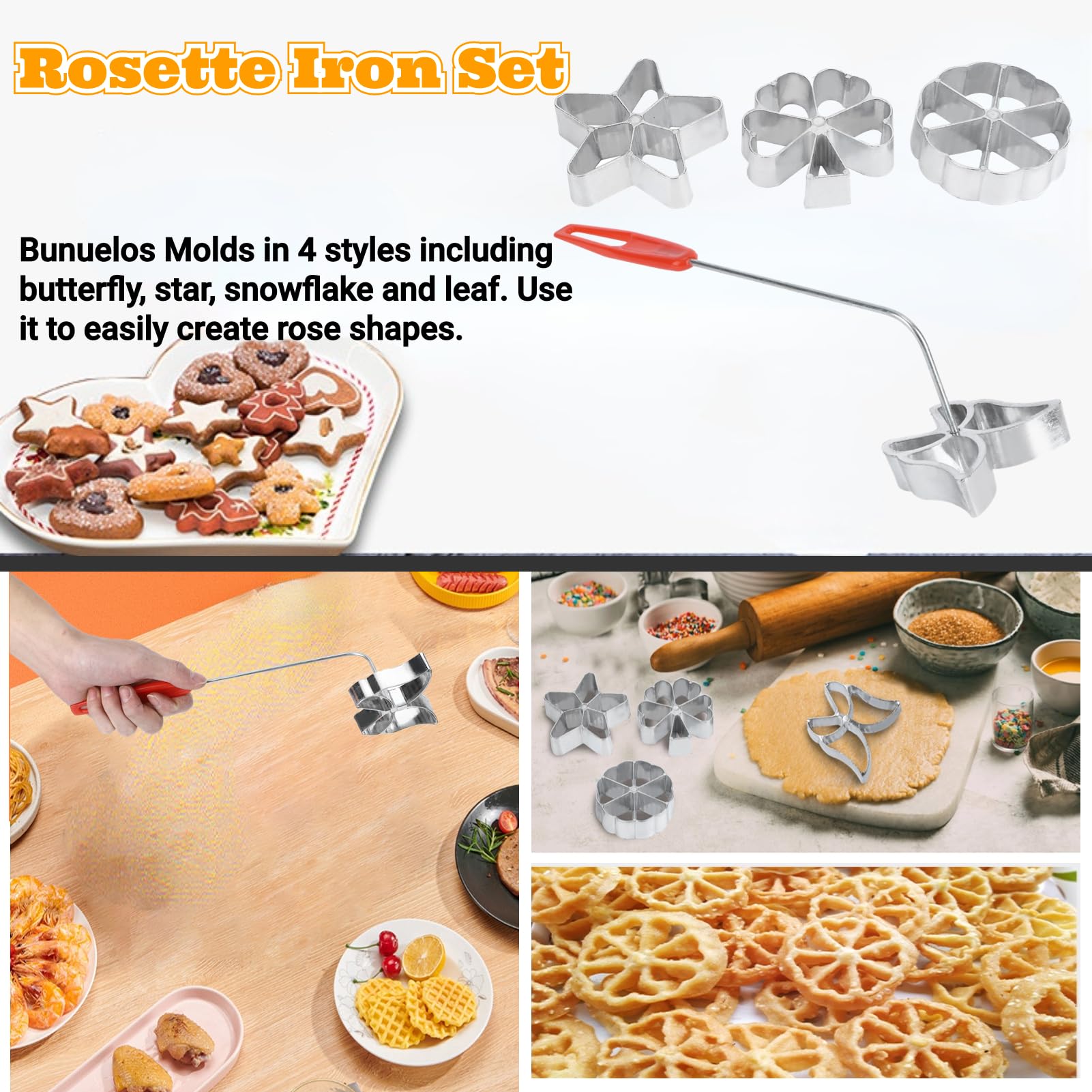 Rosette Iron Set with Handle - 4 Shapes Waffle Mold Kit for Cake, Cookie, Pastry & Biscuit Making | Baking Accessories & Gift for Bunuelos | Perfect for Home Baking, Holiday Treats & Dessert Decorations