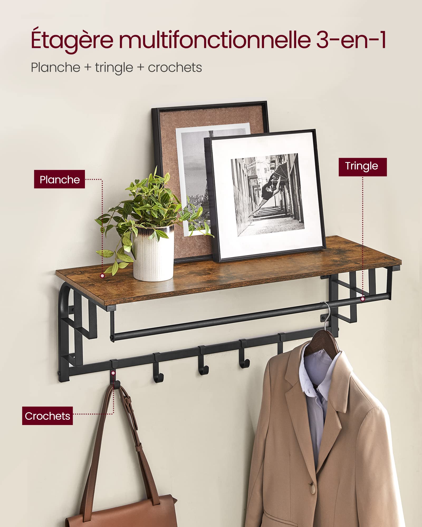 VASAGLE Wall Mounted Coat Rack with Storage Shelf, 5 Removable Hooks, Hanging Rod - Rustic Brown and Black for Entryway, Bedroom, Living Room - Perfect for Organizing Hats, Scarves, and Jackets