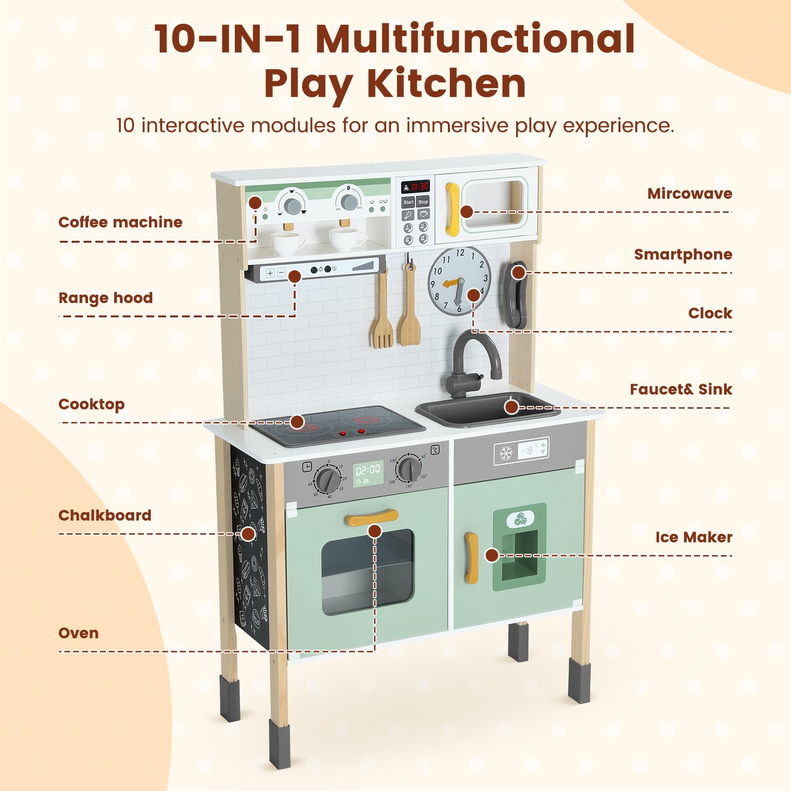 **Wooden Play Kitchen Set for Kids - Adjustable Height Pretend Toy with Real Lights & Sounds, Chalkboard & 35-Piece Toy Food & Cookware Accessories (Green) - Perfect for Pretend Play, Role-Playing & Early Learning**