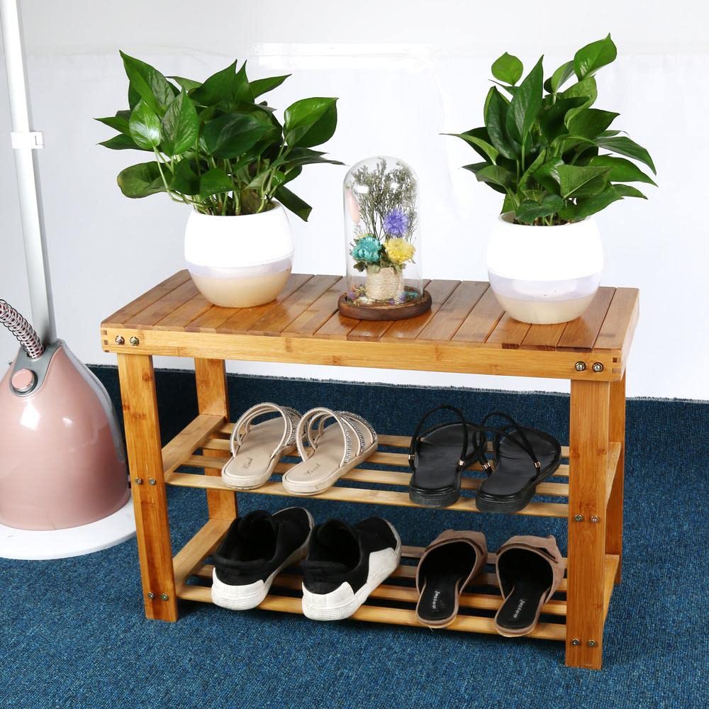 Vintage Bamboo Shoe Rack Bench - 3-Tier Shoe Organizer with 220 lb Capacity | Entryway Storage Bench for Hallway, Bathroom & Living Room | Perfect for Shoe Storage & Quick Changes