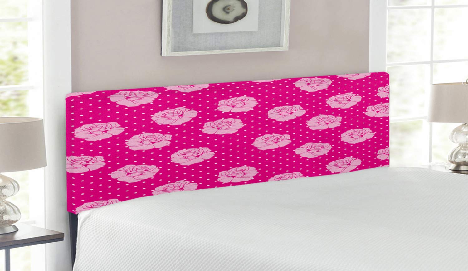 Ambesonne Queen Size Upholstered Metal Headboard - Vintage Pink Roses on White Dotted Hot Pink Background, Memory Foam Padding | Perfect for Bedroom Decor, Romantic Master Suite, Vintage Style Home Furnishing