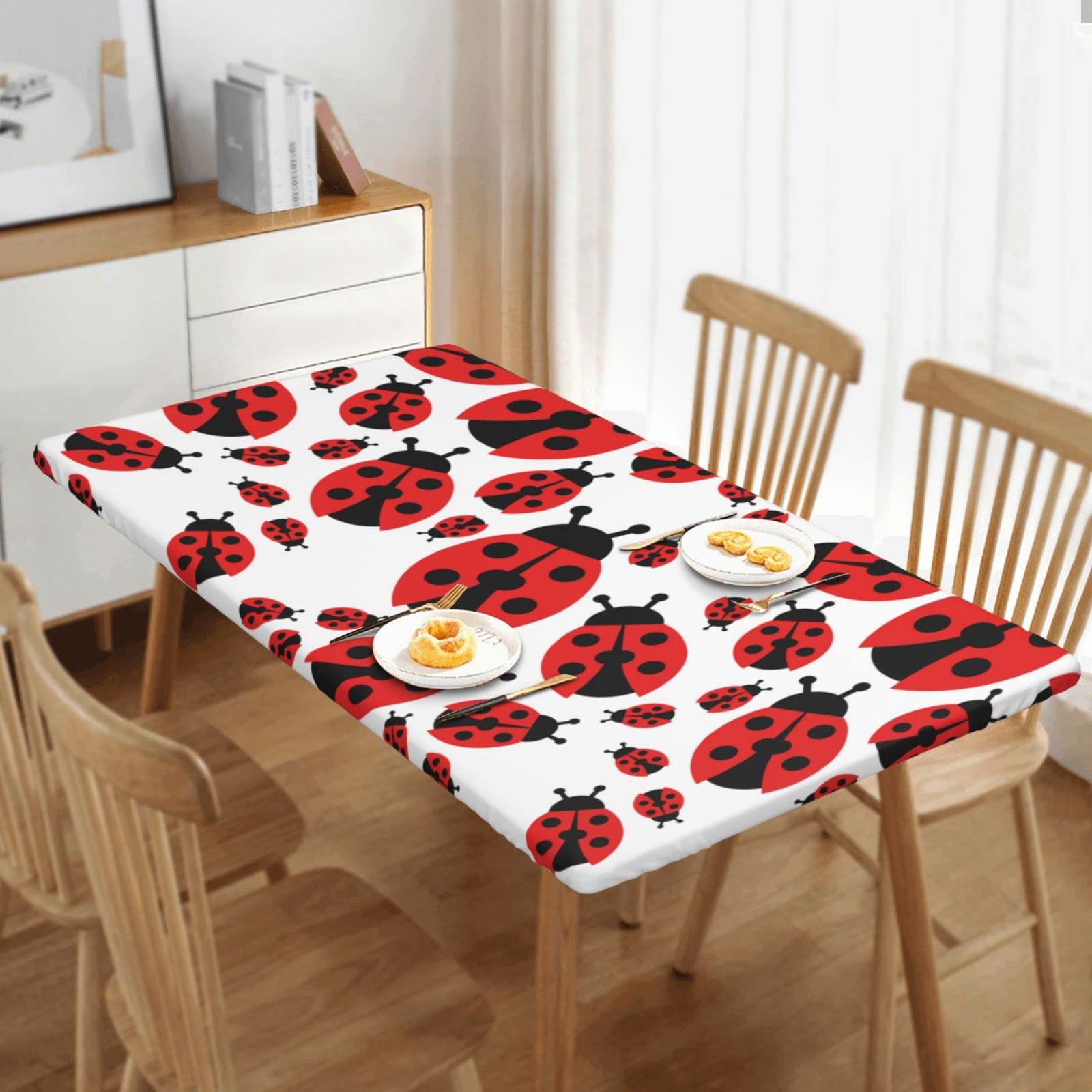 Cartoon Red Ladybug Waterproof Tablecloth for 5 FT Rectangle Tables - Foldable Fitted Elastic Edge Table Cover for Picnic, Party, Dining Room & Outdoor Events