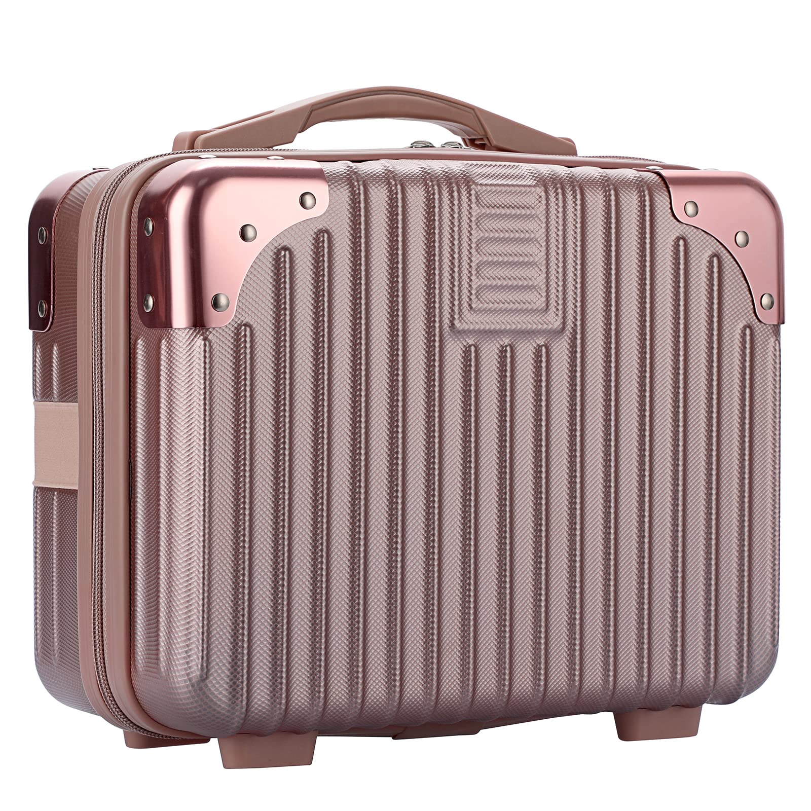 Portable Hard Shell Cosmetic Travel Case - Small ABS Makeup Organizer with Elastic Band - Mini Carry On Hand Luggage for Women (Rose Gold) - Perfect for Air Travel, Weekend Getaways & Daily Makeup Storage