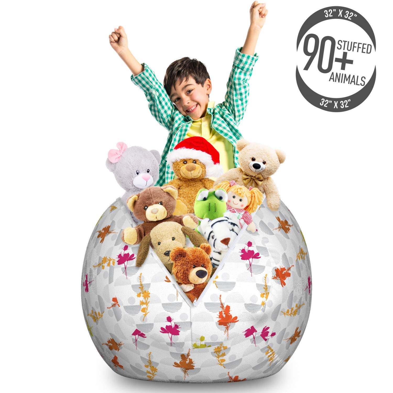 Ambesonne Floral Storage Toy Bag Chair - Large Washable Stuffed Animal Organizer with Wildflower Silhouette Design | Perfect for Kids' Room, Nursery & Playroom Organization