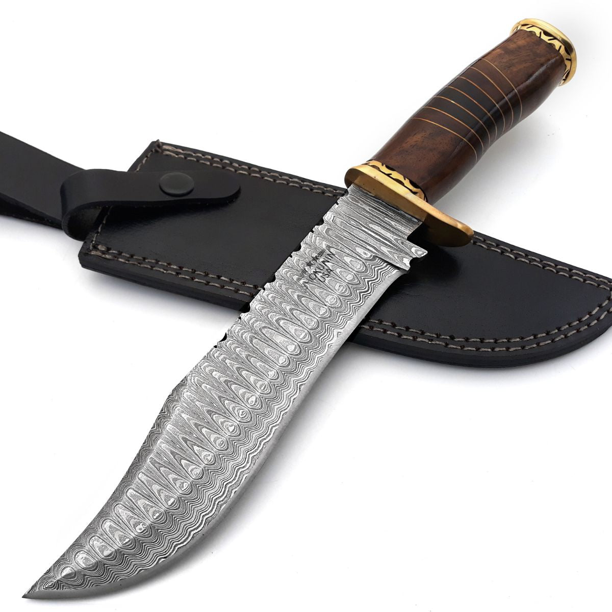 Premium Damascus Steel Bowie Knife with Rosewood Mosaic Handle - Hunting, Camping & Outdoor Survival Tool