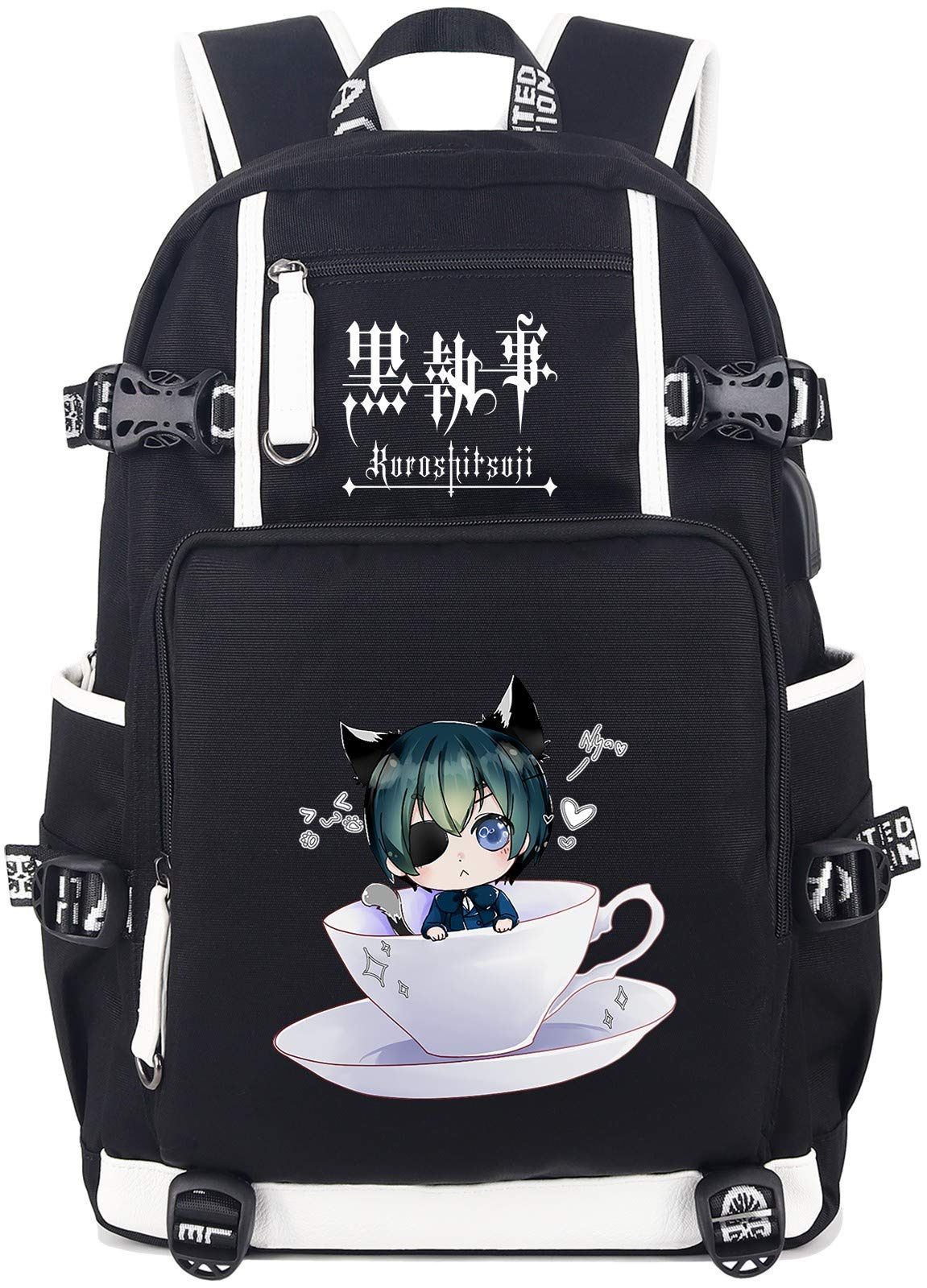 Roffatide Anime Black Butler Backpack - Stylish Laptop School Bag with USB Charging Port & Headphone Jack - Perfect for Cosplay, College & Travel