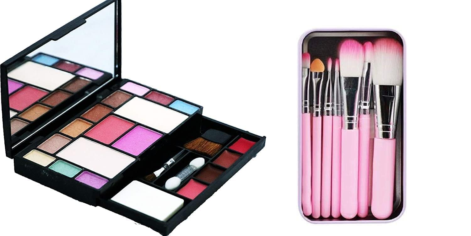 Professional 6171 Makeup Kit with 7Pcs Brushes - Pink Cosmetic Set for Eyeshadow, Foundation & Blending | Perfect for Makeup Artists, Beginners & Travel
