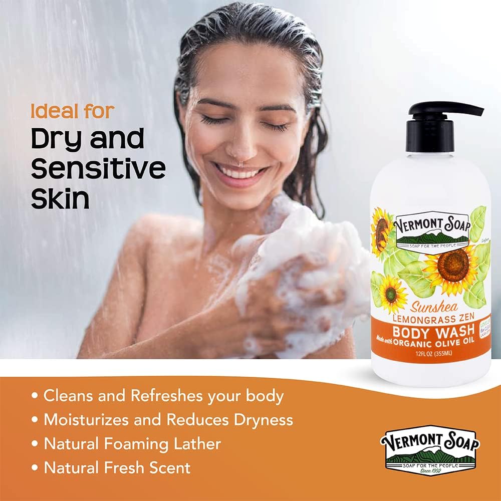 VERMONT SOAP Natural Body Wash with Shea Butter - Moisturizing & Soothing Fragrance-Free Gel Body Wash for Women & Men (Lemongrass Zen, 12oz) - Perfect for Sensitive Skin & Daily Shower Routine