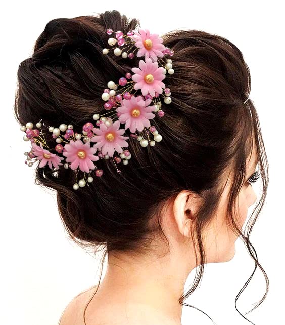 Elegant Bridal Hair Pins with White & Pink Pearl Flowers - Round Artificial Floral Hair Accessories for Women - Perfect for Weddings, Prom, and Special Occasions