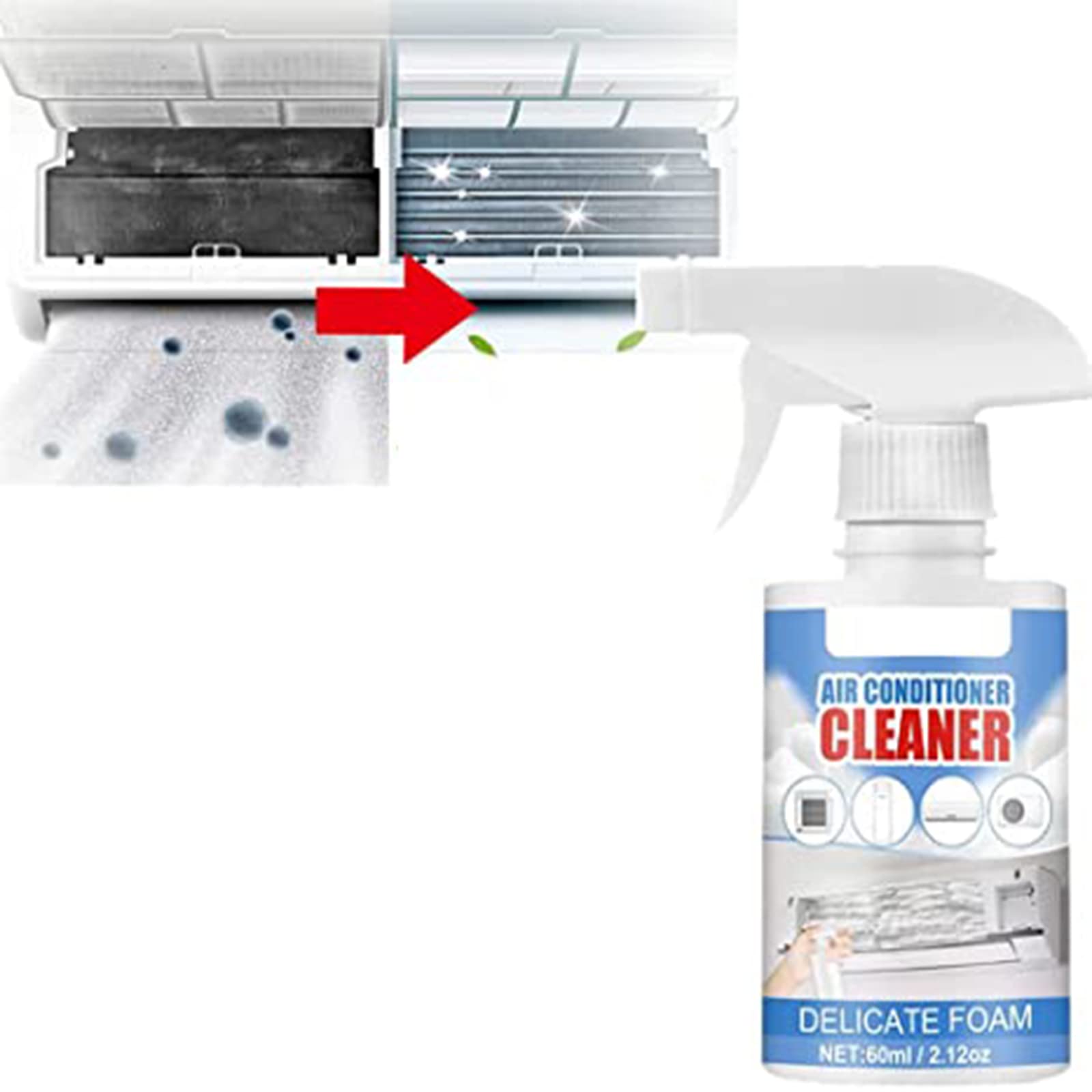 60ml Air Conditioner Foaming Cleaner Spray - No Rinse AC Coil Cleaner, Multi-Purpose Household Bubble Cleaner for Odor Removal, Home & Office Use (1PC) - Perfect for HVAC Maintenance, Car AC Cleaning, and Appliance Care