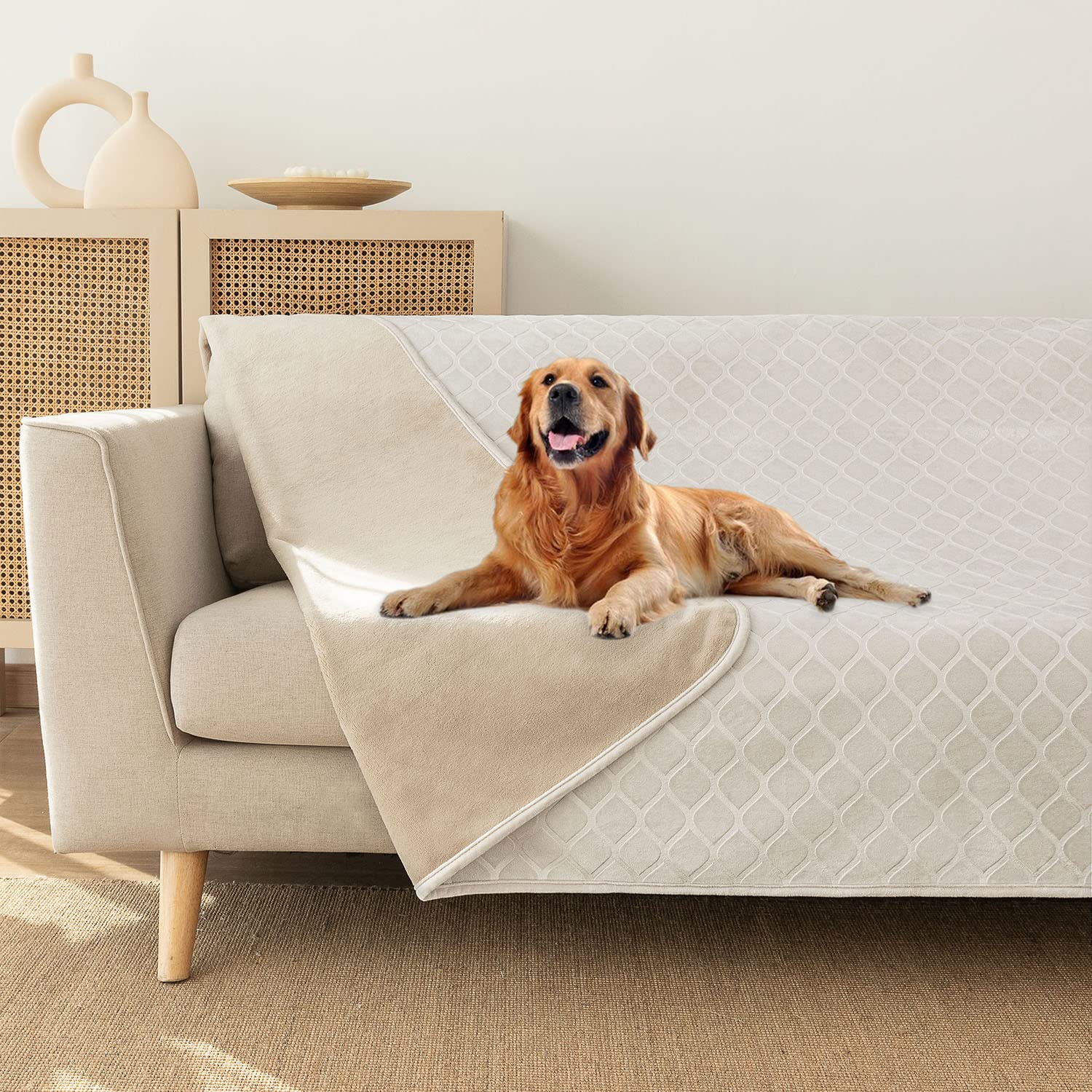 Waterproof Dog Blanket - Super Soft Plush Pet Throw for Couch, Sofa & Bed - Moroccan Style Fuzzy Cozy Blanket (82x102 Inches, Cream Beige) - Perfect for Indoor Use, Travel & Dog Beds