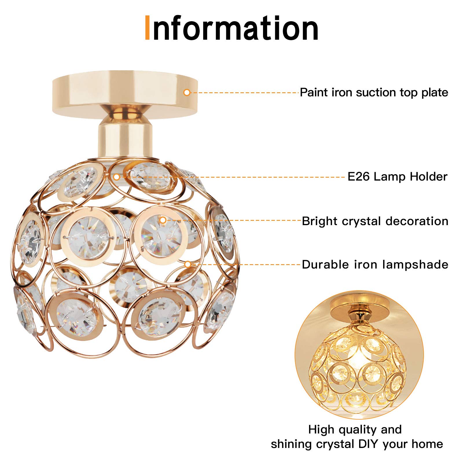 Gold Mini Chandelier Light Fixture - Crystal Ceiling Light with Semi Flush Mount | Handmade Metal Small Chandelier Lamp for Hallway, Foyer, Entryway & Closet | Perfect for Indoor Lighting & Home Decor