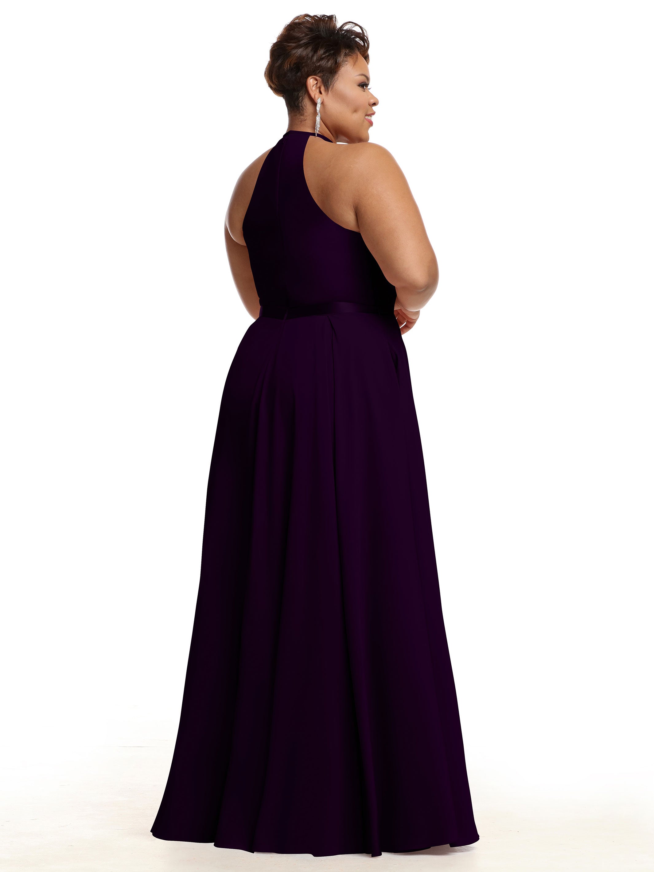 Elegant A-Line Stretch Chiffon Bridesmaid Dress with Halter Neckline & Adjustable Waist Belt - Perfect for Weddings, Formal Events & Special Occasions
