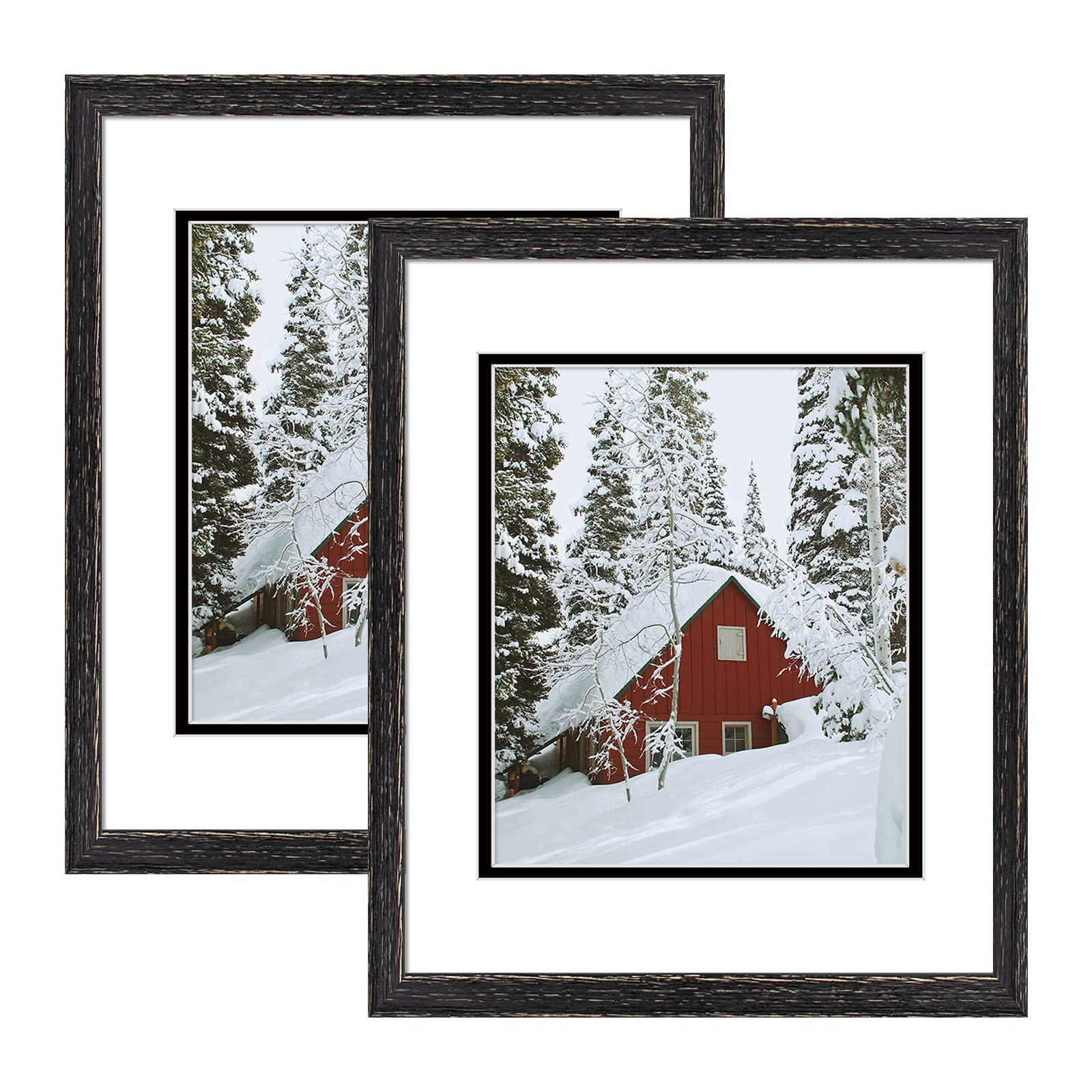 Golden State Art 11x14 Distressed Black Wood Picture Frame with White/Black Double Mat - Holds 8x10 Photos, Real Glass, Sawtooth Hanger & Wall Mount - Perfect for Living Room, Bedroom & Office Decor (2 Pack)