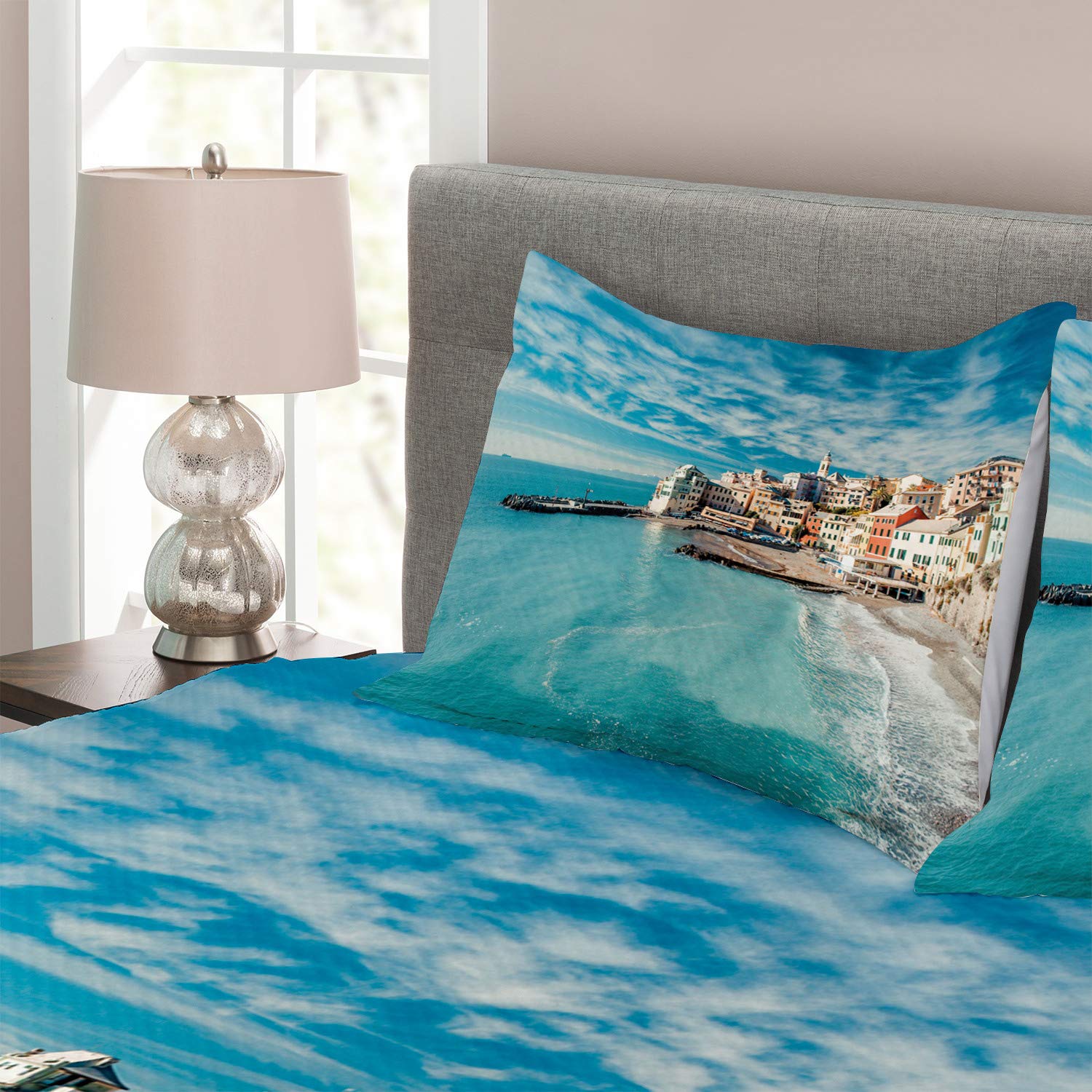 Ambesonne Italy Bedspread Set - 3 Piece Coastal Decor with 2 Pillow Shams, King Size Turquoise Old Italian Fishing Village Beach Art | Perfect for Beach House, Coastal Theme Bedroom & Vacation Home Decor
