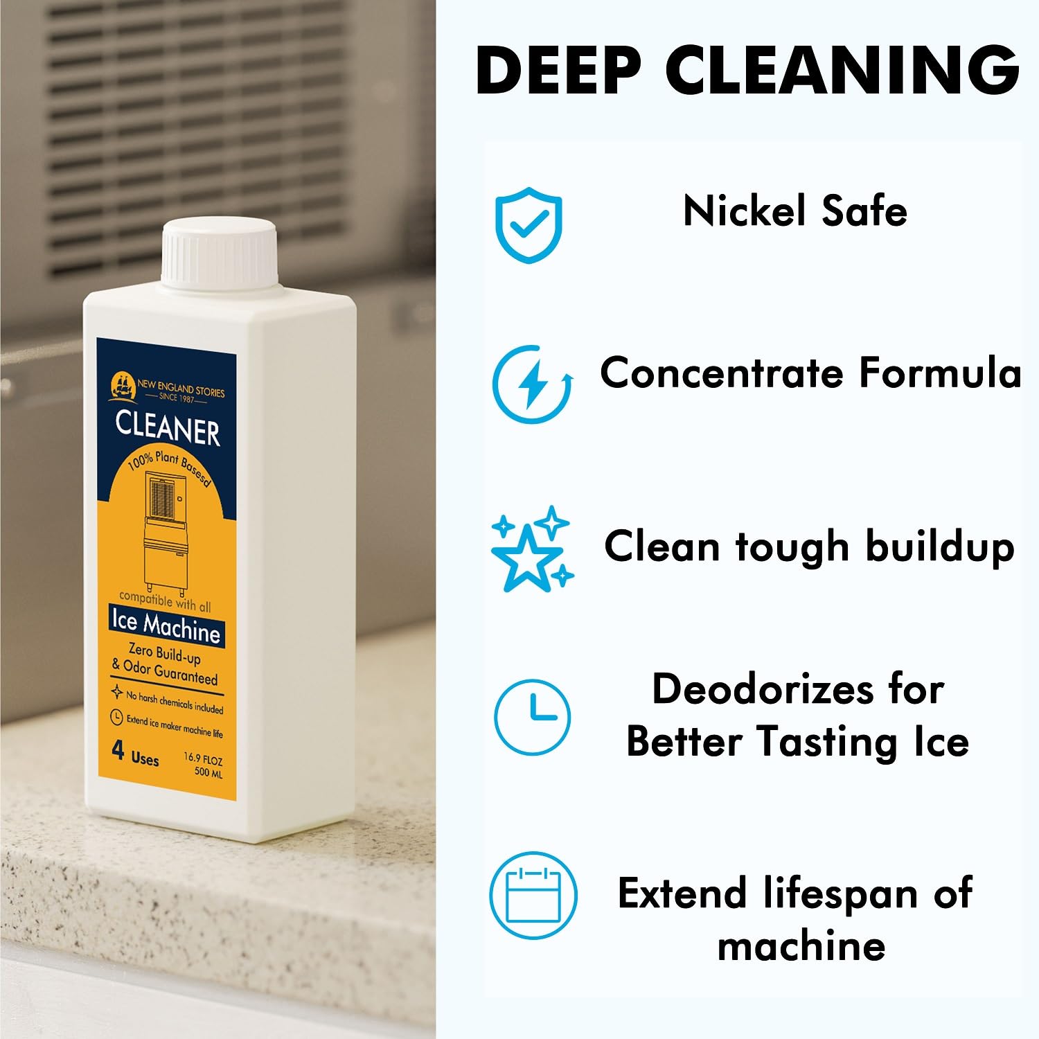4 Uses Ice Machine Cleaner & Descaler - 16.9 fl oz Nickel Safe Cleaning Solution for GE Opal, Whirlpool 4396808, Scotsman, Manitowoc & Hoshizaki - Professional Ice Maker Maintenance Kit for Restaurants, Bars & Home Use