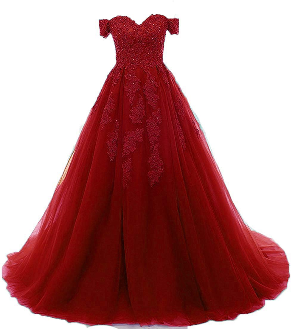 Elegant Lace Appliques Off-The-Shoulder Prom Dress for Women - A-Line Tulle Evening Gown for Formal Balls & Special Occasions | Long Flowing Design SOB221 | Perfect for Weddings, Proms & Black Tie Events