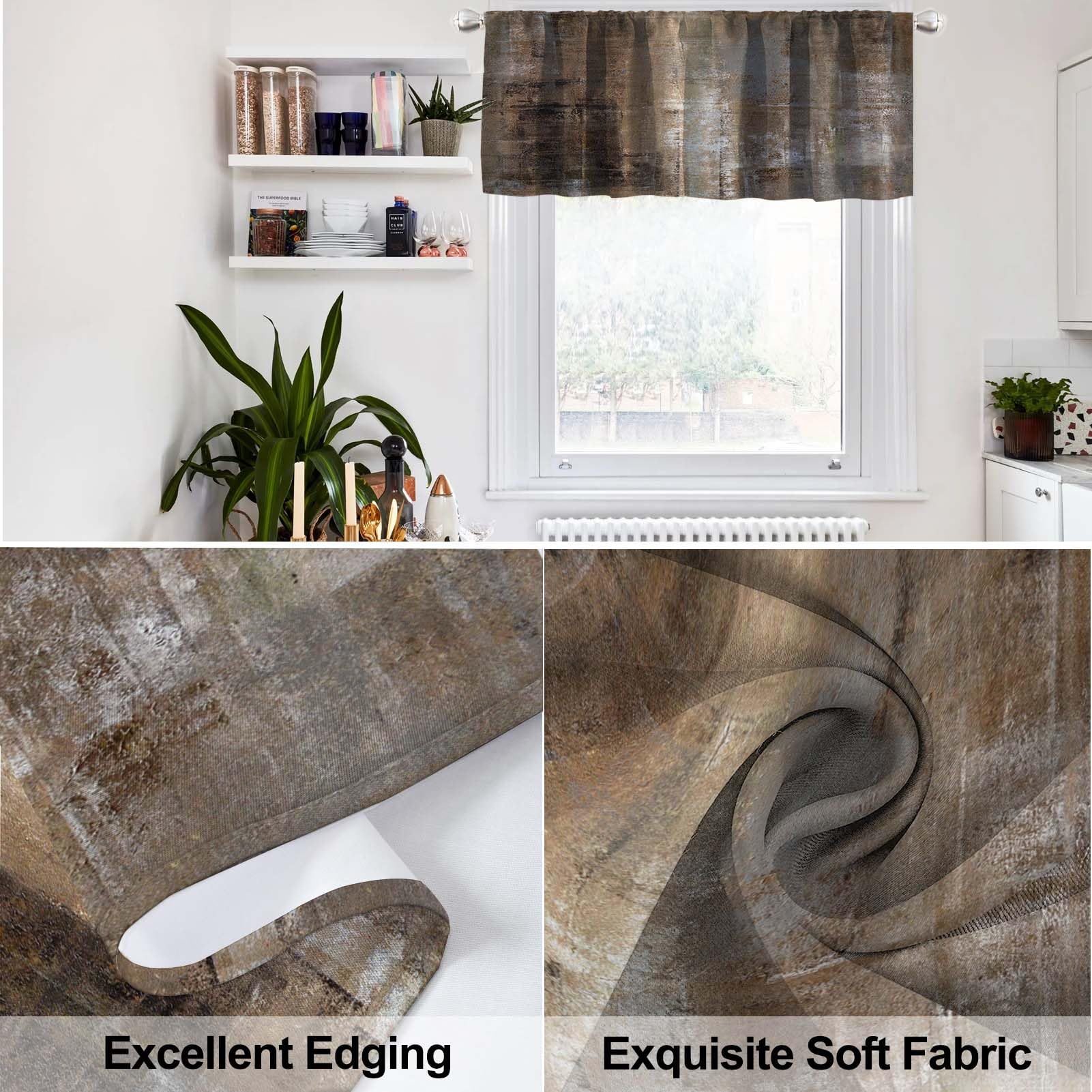 MCALK 3-Piece Brown Kitchen Curtain Set with Grey Abstract Valances - 36