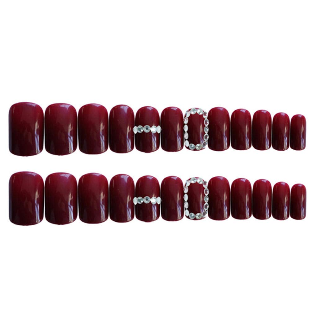 Luxury Diamond Red False Nails 24pcs Set - Full Coverage Artificial Nails for Wedding, Bridal, Party & Special Occasions - Pre-Designed Fake Nails with Wooden Wine Accents - Perfect for Nail Art and Glamorous Looks