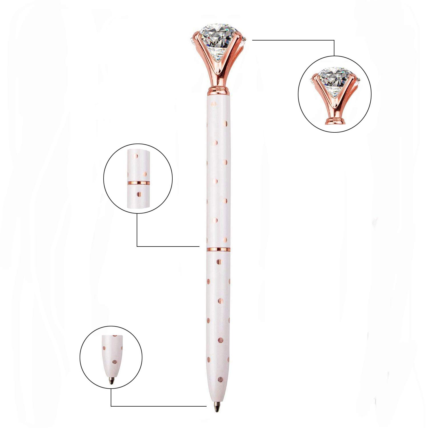 3 PCS Luxury Crystal Diamond Ballpoint Pens - Bling Metal Office & School Writing Pens (Silver/White Rose Polka Dot/Rose Gold) with 3 Refills - Perfect for Business Meetings, Gift Giving & Note Taking