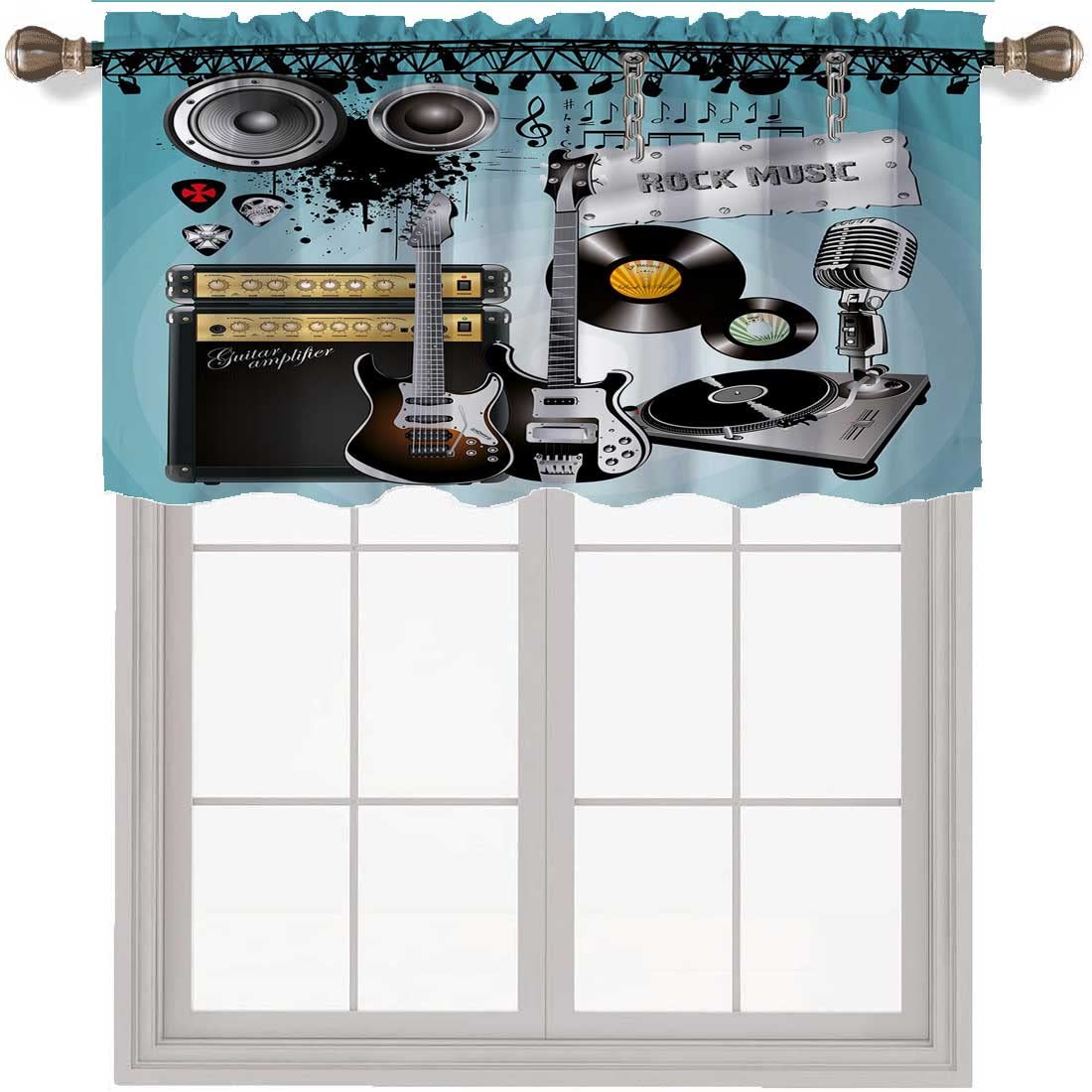 Rock Music Blackout Curtains with Guitar & Record Design - 36x26 Inch Speaker Pattern Valances for Living Room, Bedroom, and Home Theater Decor