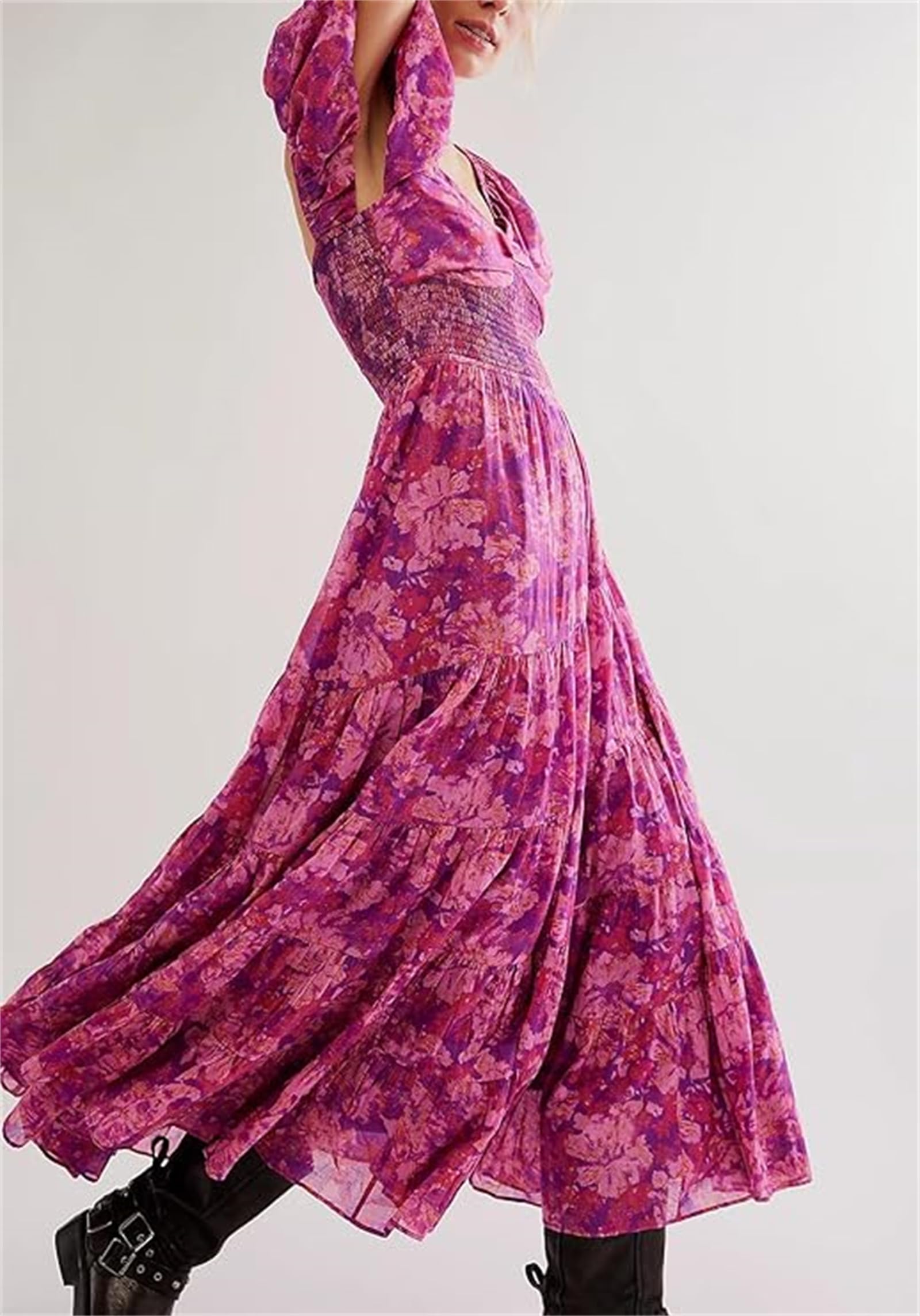Women's Floral Print Long Maxi Dress with Short Puff Sleeves & Sweetheart Neckline - Y2K Boho Summer Sundress for Beach, Vacation, and Casual Outings