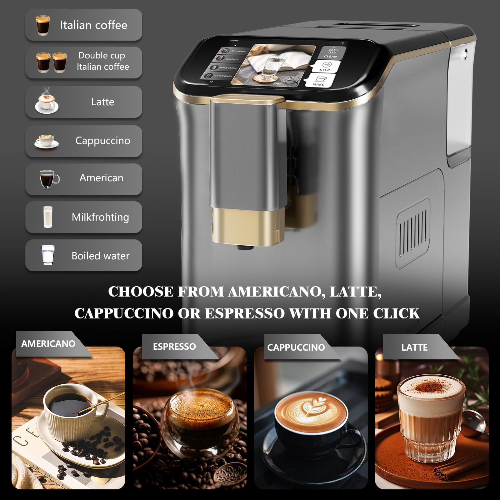 Premium 20 Bar Fully Automatic Espresso Machine with Milk Frother & Steam Wand - Professional Coffee Maker for Cappuccino, Latte & Espresso - Includes Insulated Milk Container (Gold) - Perfect for Home, Office & Cafe Use