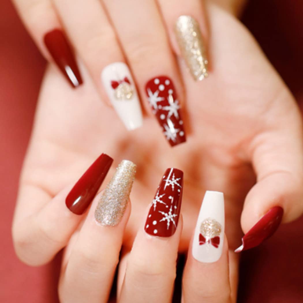 Uranian Christmas Press on Nails - 24pcs Long Coffin Fake Nails with Snowflake Stripes, Santa Claus & Elk Glitter Designs, Glossy Red French Tip Acrylic Nails for Women & Girls | Holiday Parties, Gift Giving, Festive Nail Art
