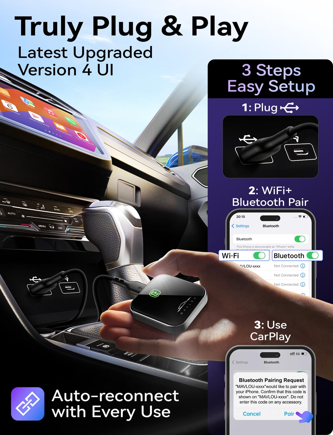 2024 Upgraded Wireless CarPlay Adapter for Apple iPhone - Fast & Stable Plug & Play Dongle Converts Wired to Wireless CarPlay - Compatible with Cars 2017+ & iOS 10+ - Perfect for Commuting, Road Trips & Hands-Free Driving