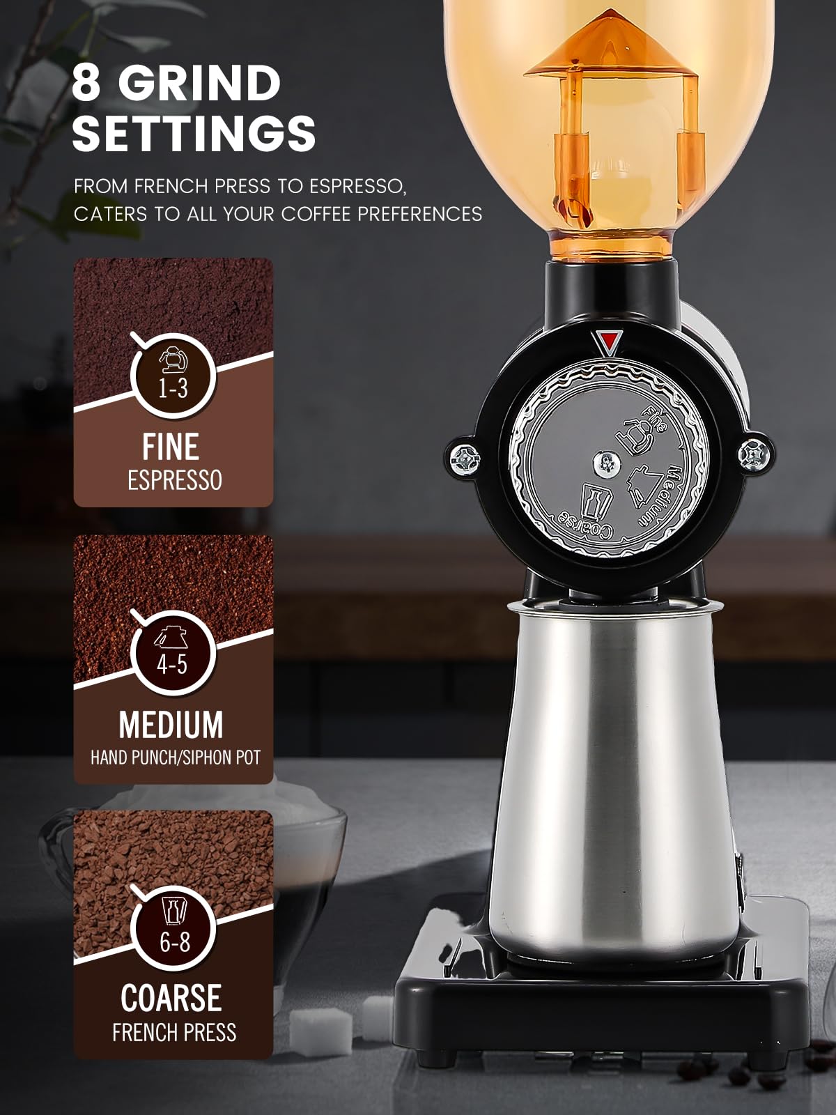 Premium Electric Stainless Steel Coffee Grinder with 8 Adjustable Grind Settings - Flat Burr Mill for Espresso, French Press & Drip Coffee - Perfect for Home & Office Use - Black