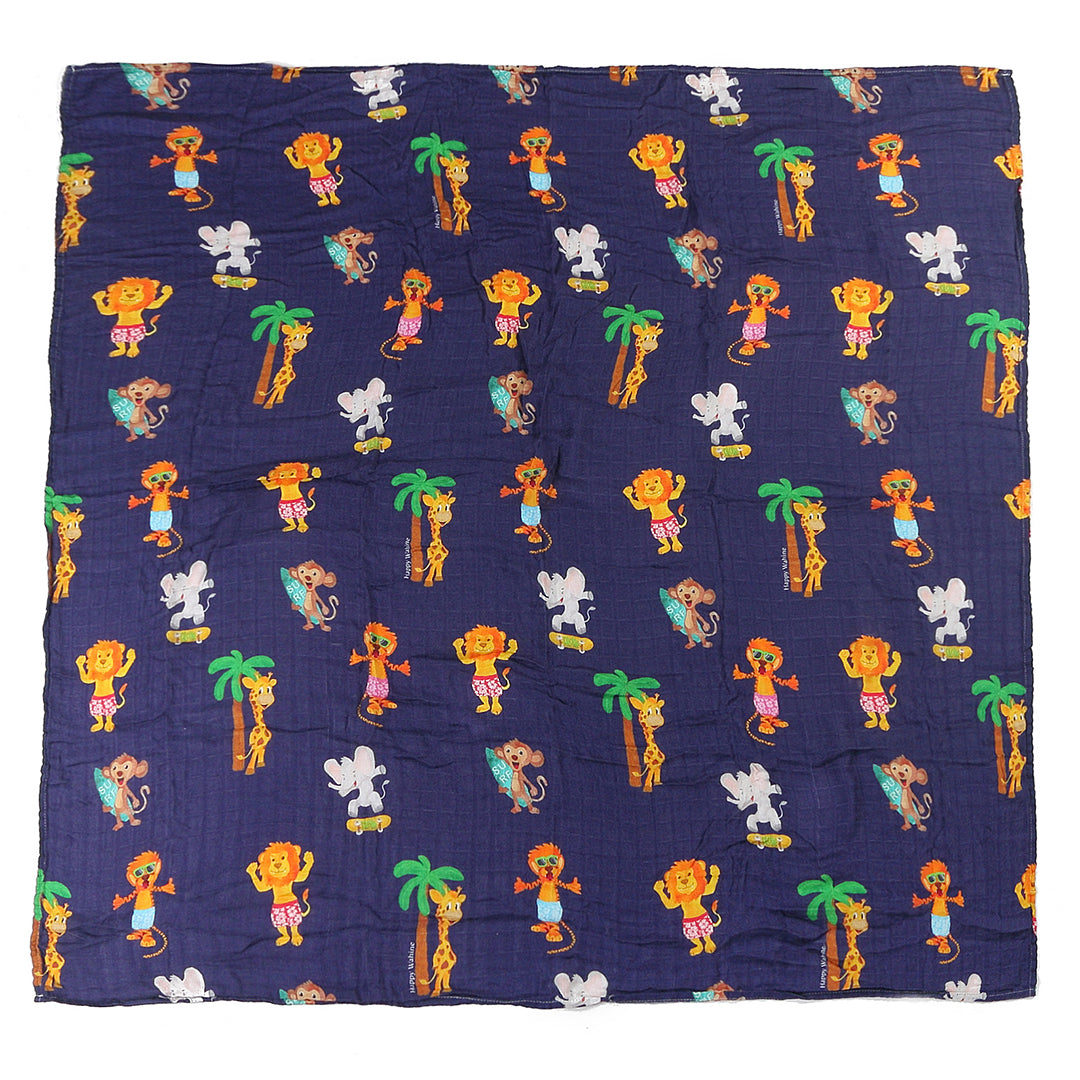 Soft Baby Muslin Swaddle Blanket with Zoo Animals Print - Navy Blue for Newborns & Infants | Perfect for Swaddling, Nursing, and Stroller Use