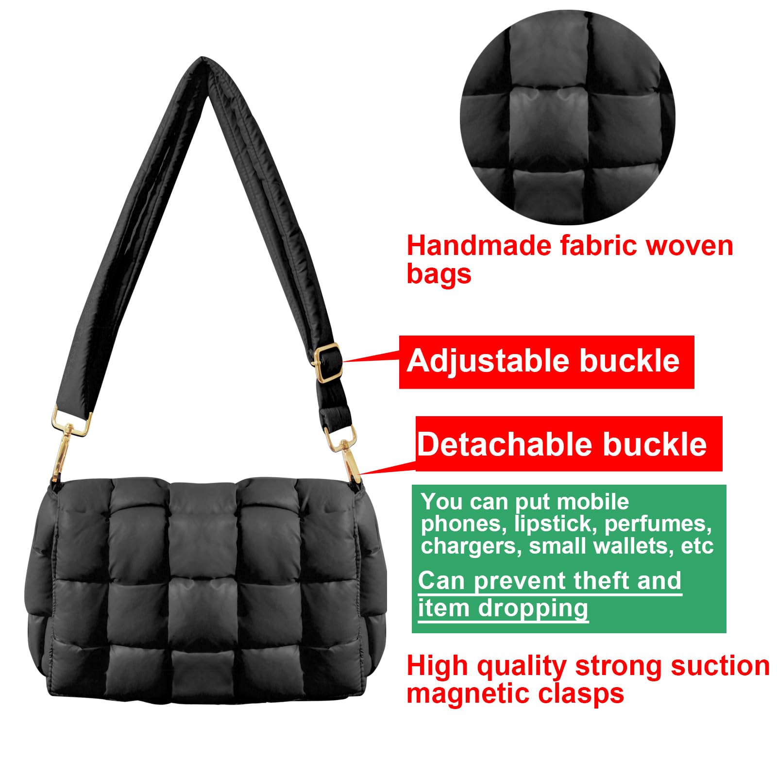 Quilted Puffer Crossbody Bag for Women - Stylish Woven Hobo Shoulder Purse with Adjustable Strap | Perfect for Everyday Use, Travel & Shopping
