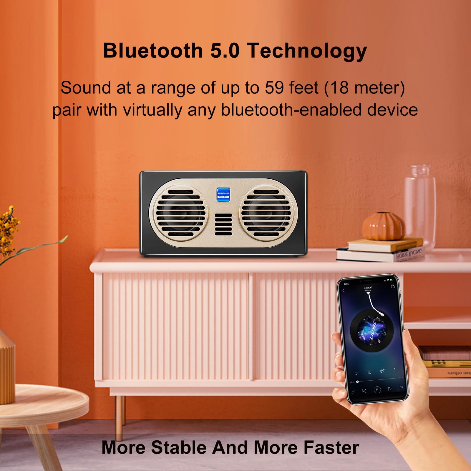 STUDIOFINIX 100W Wireless Bluetooth Bookshelf Speakers - 4 Inch Wooden Retro Home Audio System with Bluetooth for Home, Party, Office (Black) | Perfect for Living Room, Bedroom, Outdoor Gatherings & Workspace