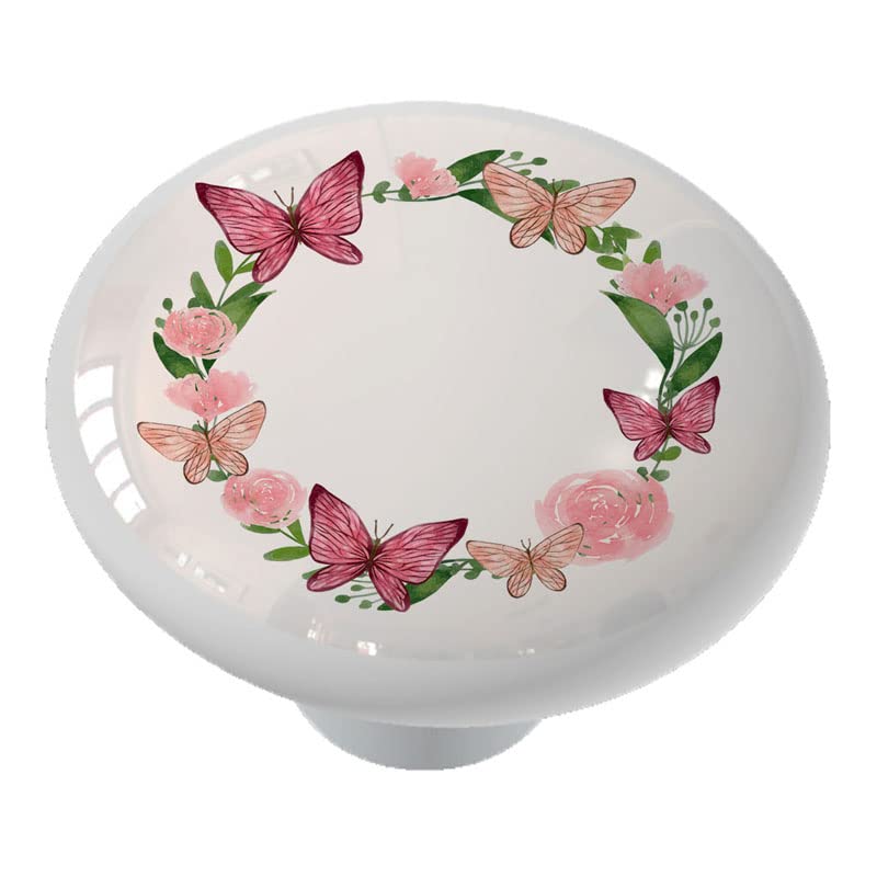 Butterfly Rose Circle Ceramic Drawer Knob - Vintage Floral Cabinet Hardware for Dresser, Wardrobe & Furniture - Perfect for Home Decor & DIY Projects