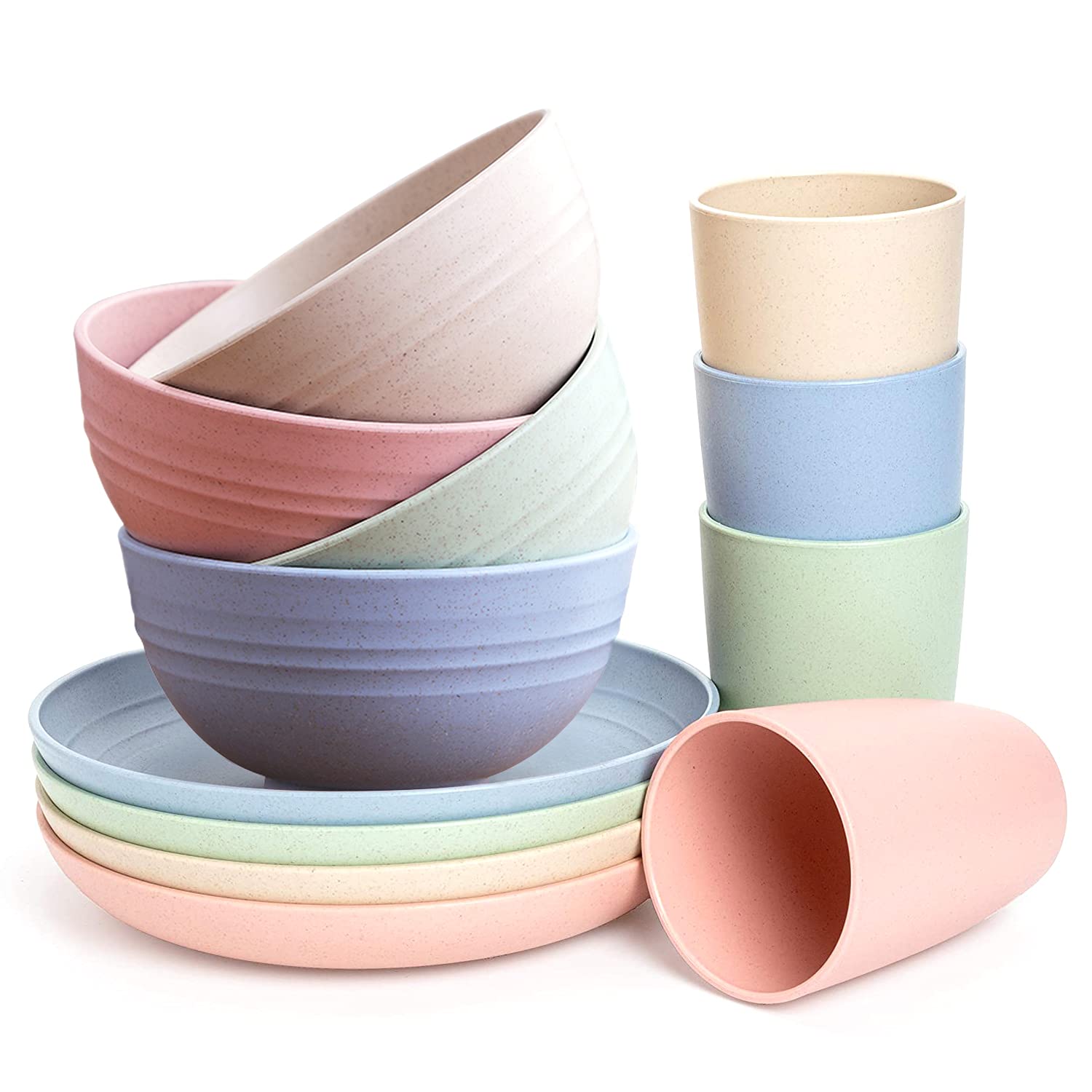 Deitybless 12-Piece Wheat Straw Dinnerware Set - Eco-Friendly & Reusable Plates, Cups, Bowls (Unbreakable, Microwave & Dishwasher Safe) - Perfect for Family Meals, Picnics, Camping & Daily Use