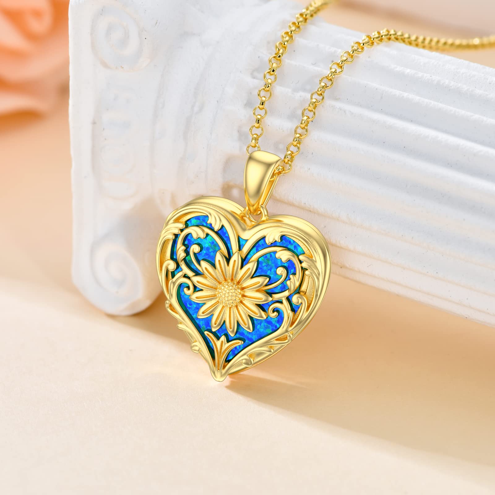 SOULMEET Personalized Heart Locket Necklace - Sunflower Design with Opal, Abalone, Pearl Shell & Malachite - Holds Photos - Silver & Gold Jewelry Gift for Women - Perfect for Anniversaries, Birthdays & Mother's Day Gifts