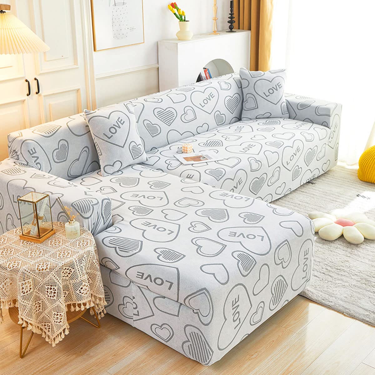YOPOIY Elastic Jacquard L-Shaped Sofa Cover - Thickened Universal L-Type Corner Couch Cover with Love Pattern, Light Grey (Fits 2+3 Seater) - Perfect for Living Room, Sectional Sofa Protection & Home Decor Upgrade