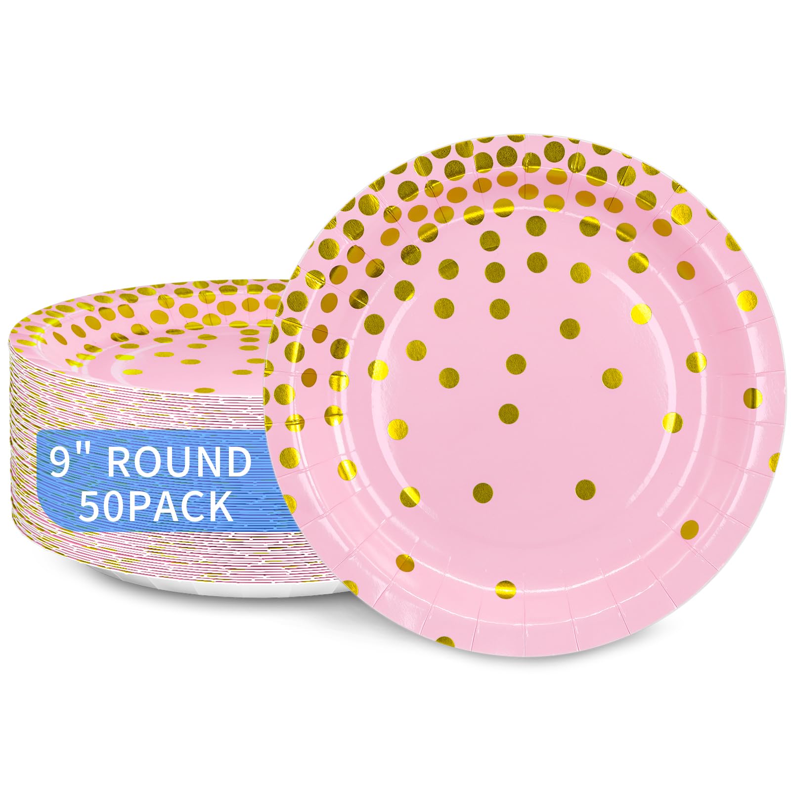 DYLIVeS 9 Inch Disposable Pink and Gold Metallic Foil Polka Dot Paper Plates - Elegant Party Supplies for Birthday, Bridal Shower, Easter, Graduation Decorations - 50 Pack - Perfect for Cocktail Parties, Dessert Tables, and Special Celebrations