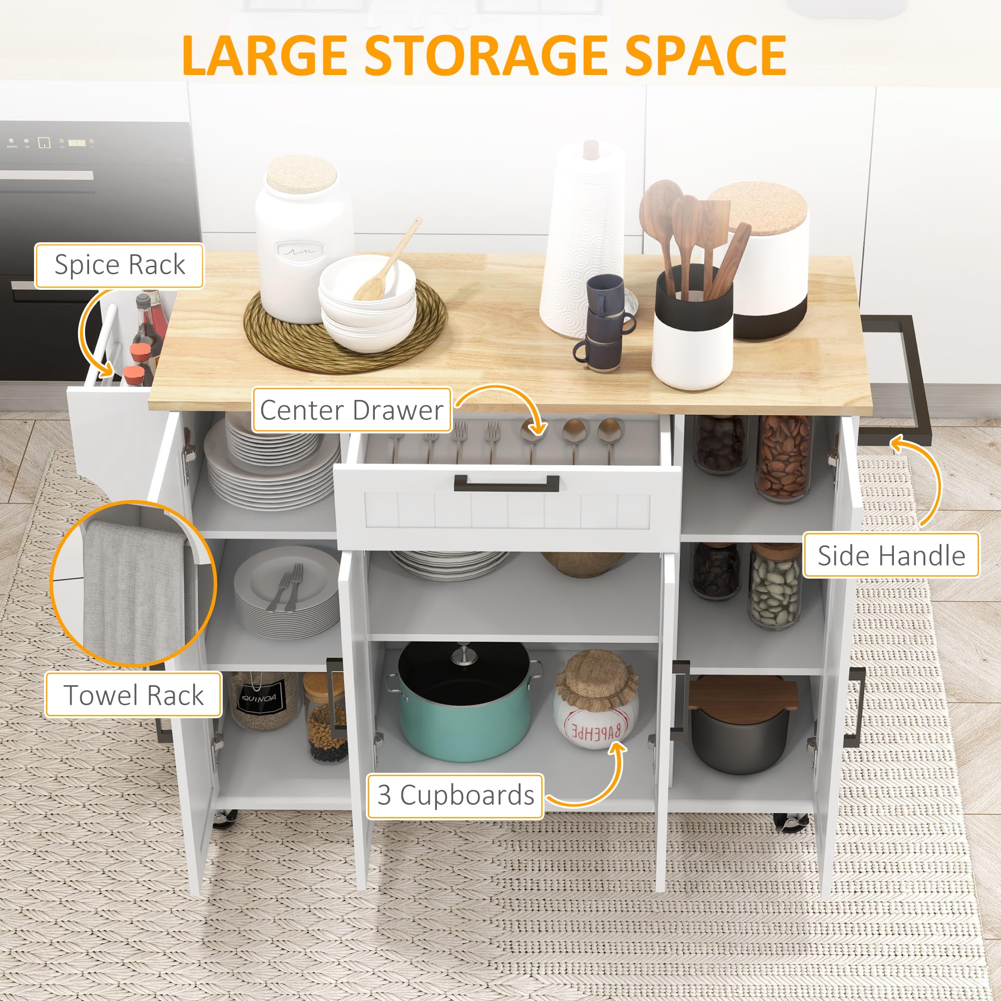 HOMCOM White Kitchen Island Cart on Wheels with Rubberwood Top - Rolling Kitchen Storage Cabinet with Drawer, Spice Rack, Towel Rack & Adjustable Shelves - Perfect for Small Kitchens, Apartments & Food Prep Stations