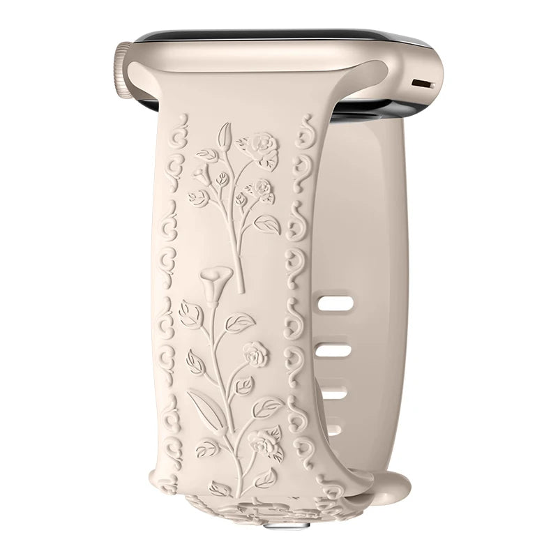 Botanical Bliss Engraved Silicone Band for Apple Watch - Starlight Color | Perfect for Yoga, Running & Everyday Wear