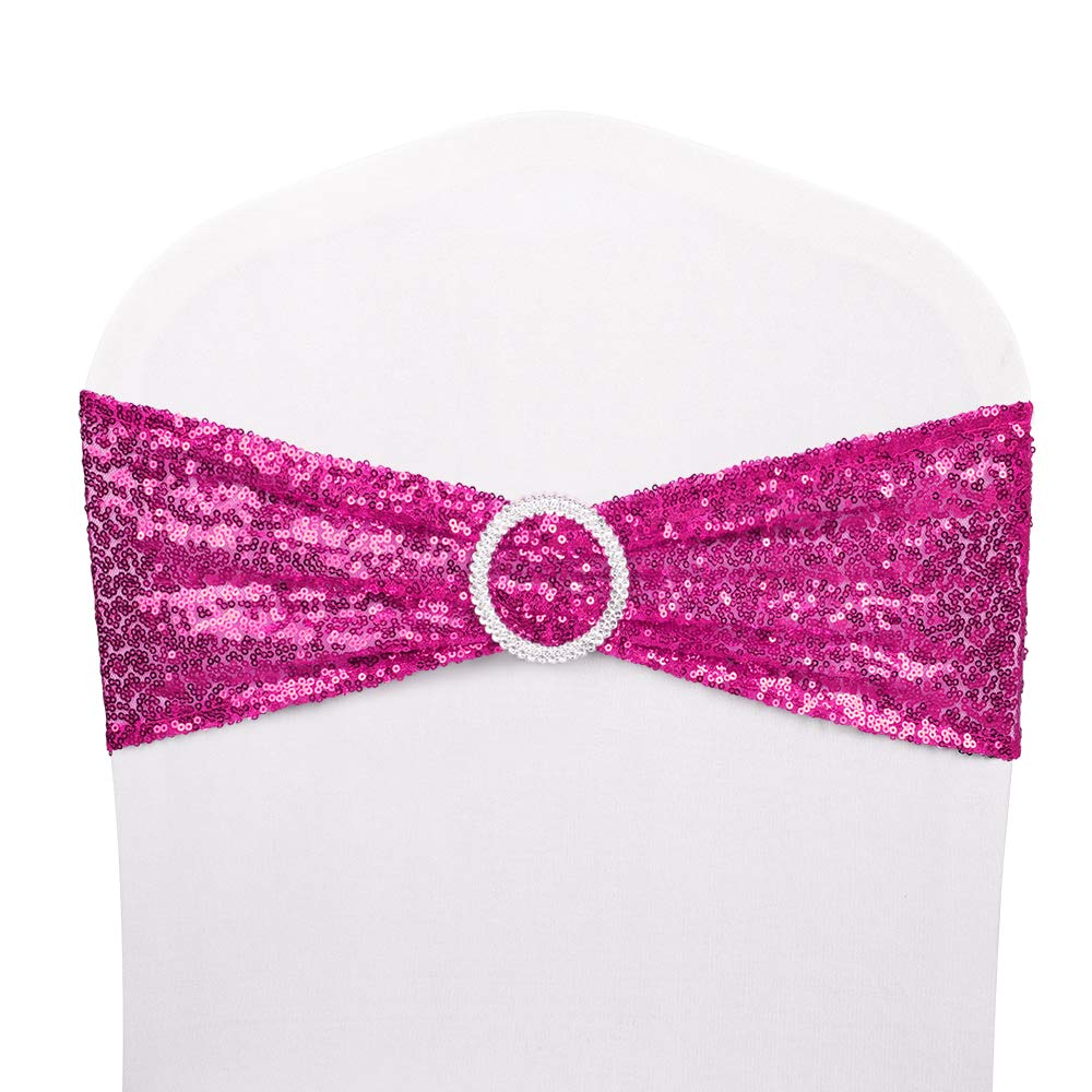 25-Pack Sequin Stretchy Spandex Chair Sashes - One-Sided Glitter Bows for Wedding, Party & Home Decor - Hot Pink | Perfect for Chair Covers, Table Runners & Event Decorations