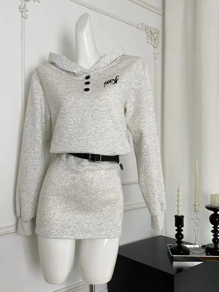 2024 Korean Fashion Autumn Beige Elegant Button Hoodie Sweatshirt Mini Dress - Women's Long Sleeve Y2K Slim Short Dress for Vacation, Streetwear & Casual Outfits